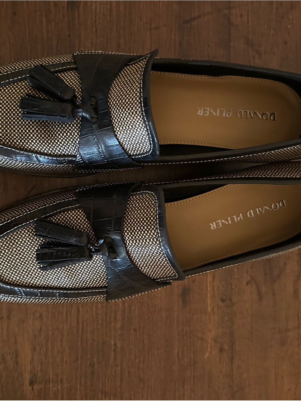 Donald J. Pliner Black and Tan Woven Tassel Loafers